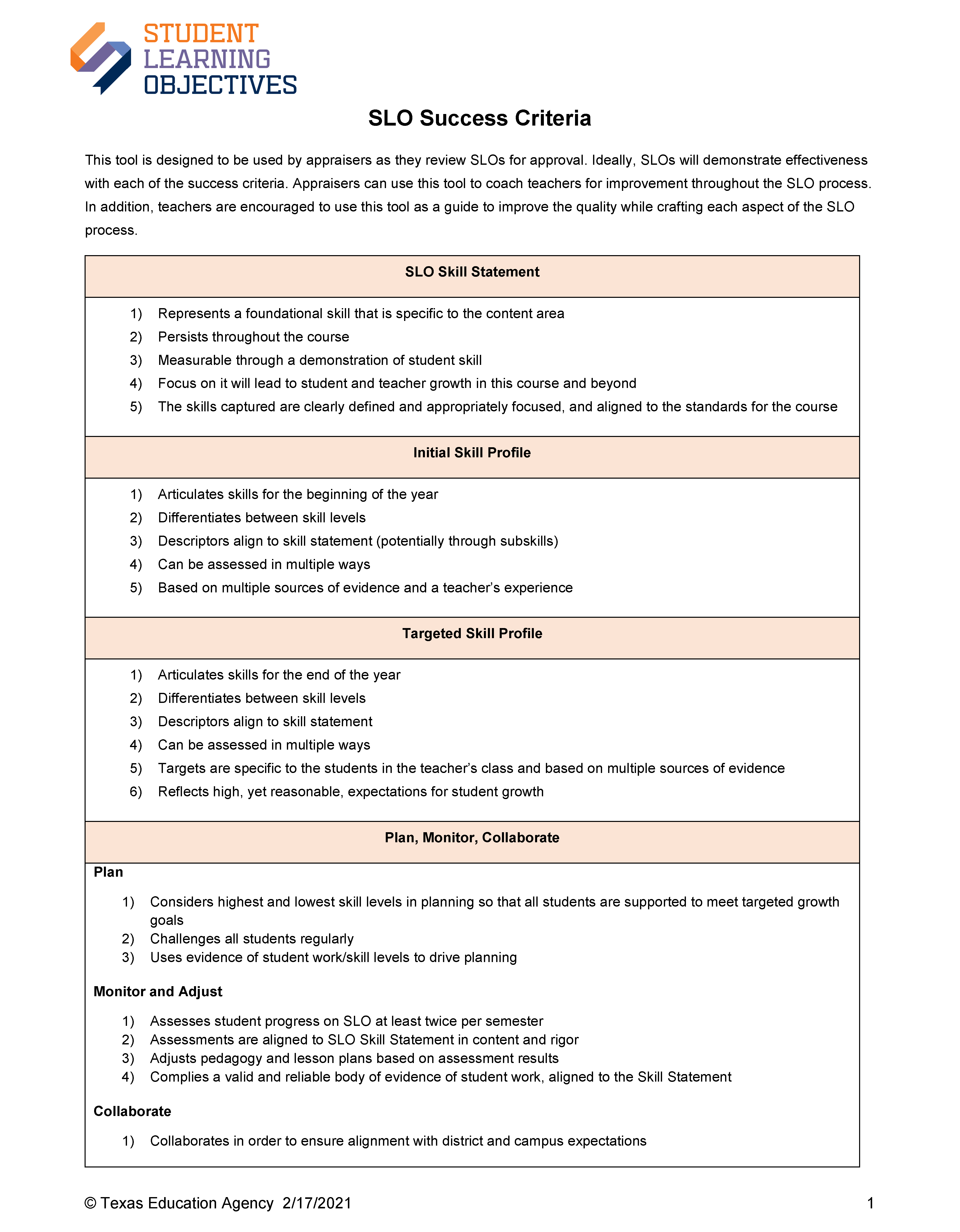 image of the SLO Criteria form